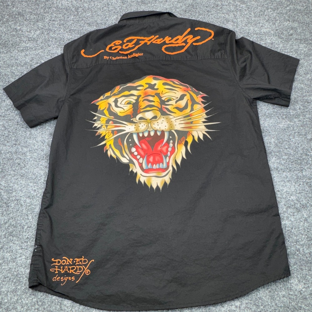 Ed Hardy Shirt Mens Large Black Tiger Christian Audigier Scrip Short Sleeve
